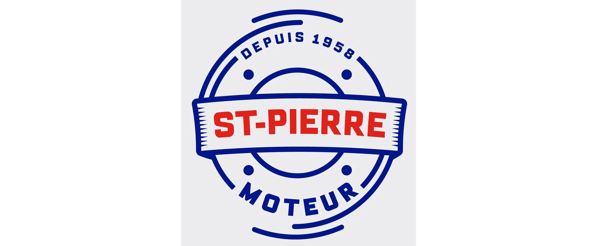 Emblème de St-Pierre Moteur : « St-Pierre » en rouge sur un bandeau, « Moteur » et « Depuis 1958 » en bleu